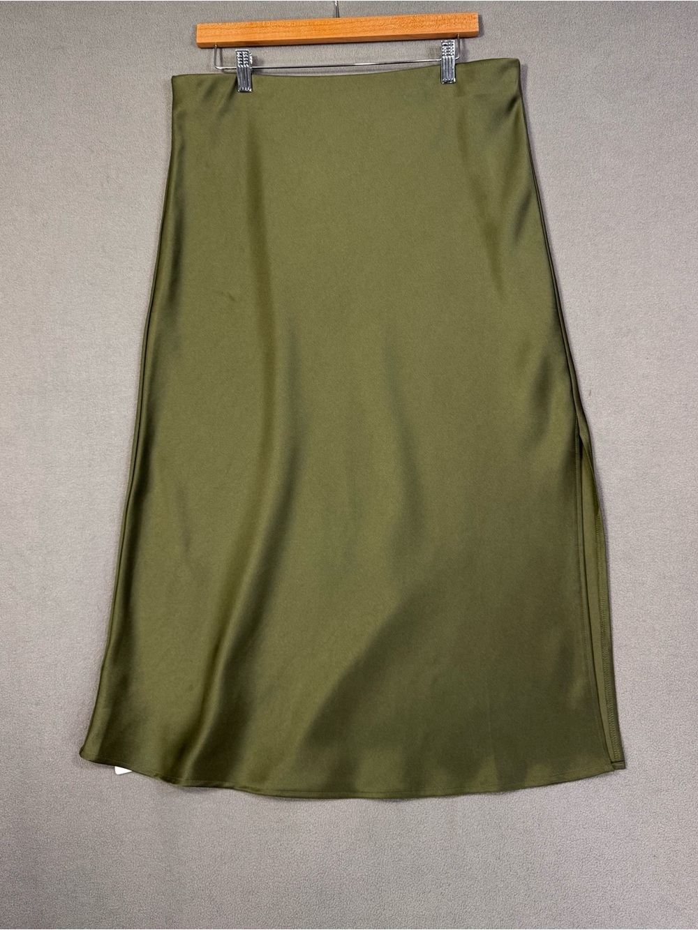 Olive Green Satin Sheath Midi Pencil Skirt with Side Slit, XL